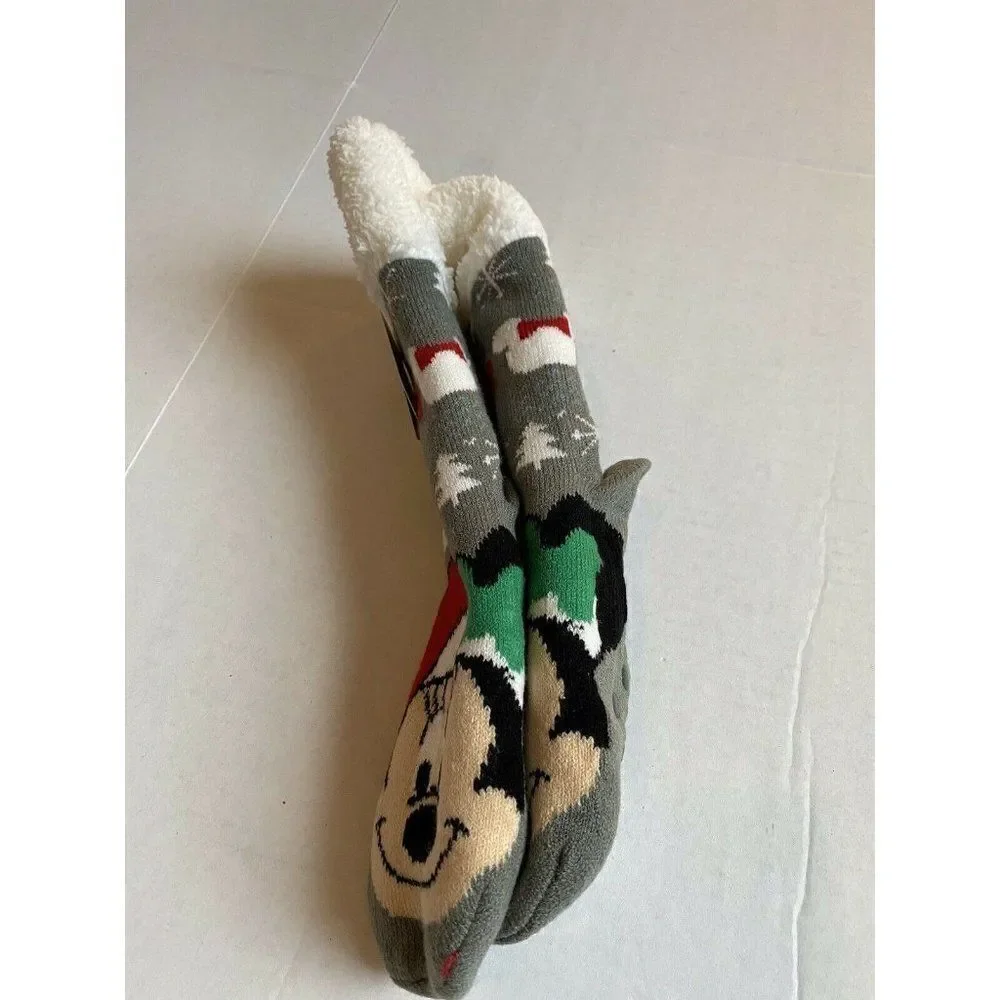 Disney Mickey Mouse Cozy Warmers Slipper Long Socks Christmas Santa‎ Holiday NWT